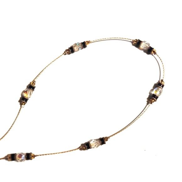 Vintage 27" Gold Thin Chain with Clear Crystals and Black Beads EyeGlasses Chain - Picture 4 of 5